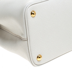 Pre Owned Prada White/Tan Saffiano Cuir Leather Medium Double Handle Tote