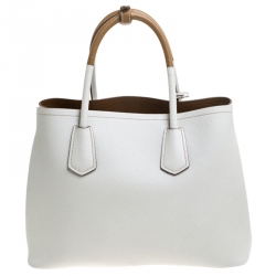 Pre Owned Prada White/Tan Saffiano Cuir Leather Medium Double Handle Tote