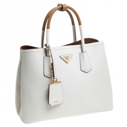 Pre Owned Prada White/Tan Saffiano Cuir Leather Medium Double Handle Tote