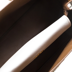 Pre Owned Prada White/Tan Saffiano Cuir Leather Medium Double Handle Tote