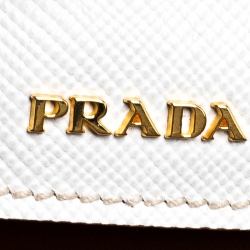 Pre Owned Prada White/Tan Saffiano Cuir Leather Medium Double Handle Tote