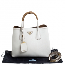 Pre Owned Prada White/Tan Saffiano Cuir Leather Medium Double Handle Tote
