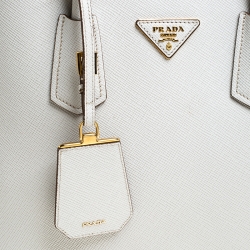 Pre Owned Prada White/Tan Saffiano Cuir Leather Medium Double Handle Tote