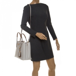 Pre Owned Prada White/Tan Saffiano Cuir Leather Medium Double Handle Tote