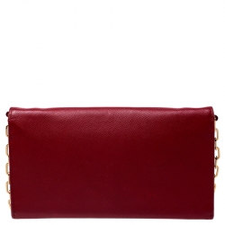 Pre Owned Prada Red Saffiano Leather Full Metal Flap Bar Wallet on Chain