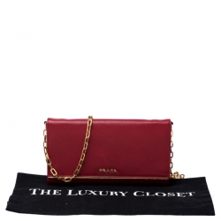 Pre Owned Prada Red Saffiano Leather Full Metal Flap Bar Wallet on Chain