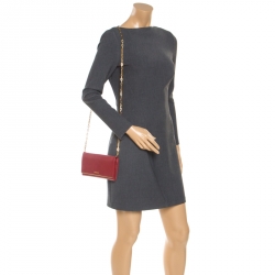 Pre Owned Prada Red Saffiano Leather Full Metal Flap Bar Wallet on Chain