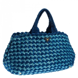 Pre Owned Prada Blue/Turquoise Raffia Crochette Shopper Tote