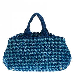 Pre Owned Prada Blue/Turquoise Raffia Crochette Shopper Tote
