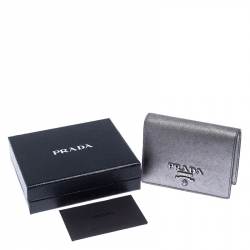 Pre Owned Prada Metallic Grey Saffiano Leather Compact Wallet