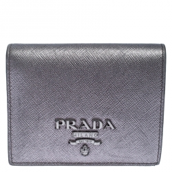 Pre Owned Prada Metallic Grey Saffiano Leather Compact Wallet