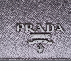 Pre Owned Prada Metallic Grey Saffiano Leather Compact Wallet
