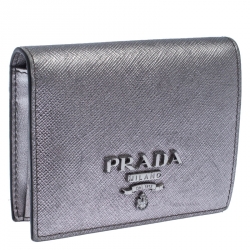 Pre Owned Prada Metallic Grey Saffiano Leather Compact Wallet