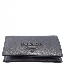 Pre Owned Prada Metallic Grey Saffiano Leather Compact Wallet