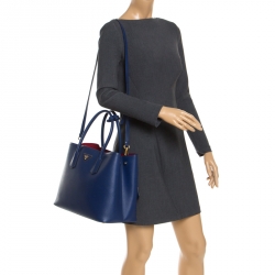 Pre Owned Prada Blue Saffiano Cuir Leather Double Handle Tote