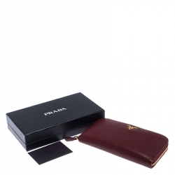 Pre Owned Prada Burgundy Leather Zip Around Continental Wallet