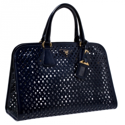 Pre Owned Prada Dark Blue Perforated Saffiano Fori Patent Leather Satchel
