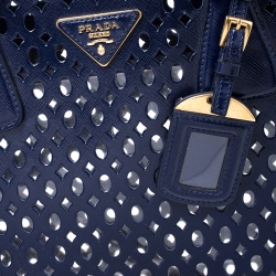 Pre Owned Prada Dark Blue Perforated Saffiano Fori Patent Leather Satchel