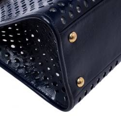 Pre Owned Prada Dark Blue Perforated Saffiano Fori Patent Leather Satchel