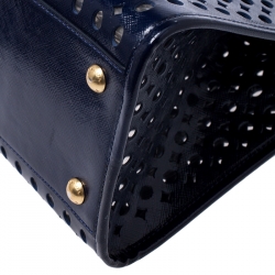 Pre Owned Prada Dark Blue Perforated Saffiano Fori Patent Leather Satchel