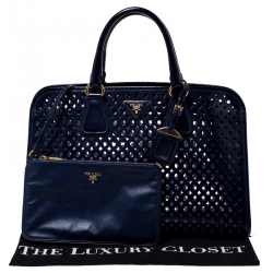 Pre Owned Prada Dark Blue Perforated Saffiano Fori Patent Leather Satchel