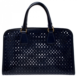 Pre Owned Prada Dark Blue Perforated Saffiano Fori Patent Leather Satchel
