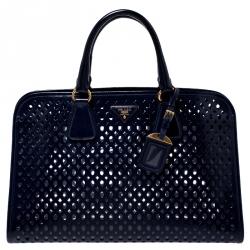Pre Owned Prada Dark Blue Perforated Saffiano Fori Patent Leather Satchel