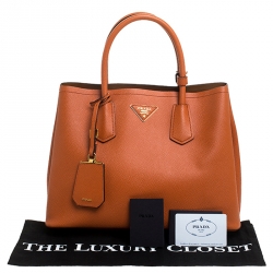 Pre Owned Prada Orange Saffiano Cuir Leather Medium Double Handle Tote
