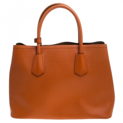 Pre Owned Prada Orange Saffiano Cuir Leather Medium Double Handle Tote