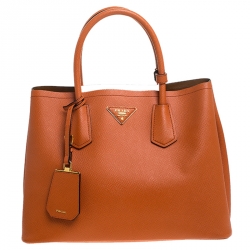 Pre Owned Prada Orange Saffiano Cuir Leather Medium Double Handle Tote