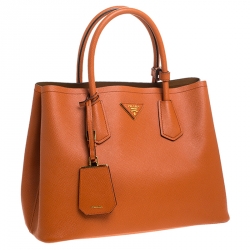 Pre Owned Prada Orange Saffiano Cuir Leather Medium Double Handle Tote