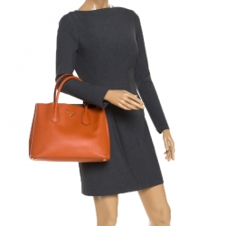 Pre Owned Prada Orange Saffiano Cuir Leather Medium Double Handle Tote
