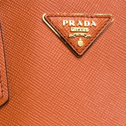 Pre Owned Prada Orange Saffiano Cuir Leather Medium Double Handle Tote