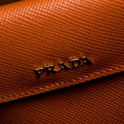 Pre Owned Prada Orange Saffiano Cuir Leather Medium Double Handle Tote
