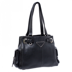 Pre Owned Prada Black Leather Vitello Daino Side Pocket Shoulder Bag