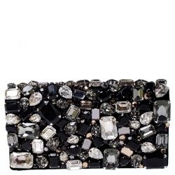 Pre Owned Prada Black Satin Embellished Crystals Clutch