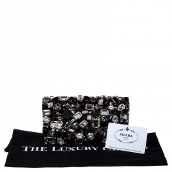 Pre Owned Prada Black Satin Embellished Crystals Clutch