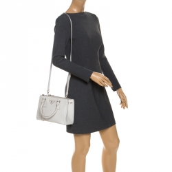 Pre Owned Prada White Saffiano Lux Leather Mini Double Zip Tote