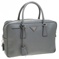 Pre Owned Prada Grey Leather Saffiano Leather Bauletto Satchel