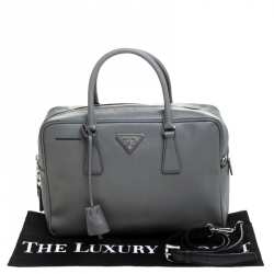 Pre Owned Prada Grey Leather Saffiano Leather Bauletto Satchel