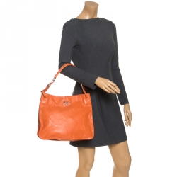 Pre Owned Prada Orange Crinkled Leather Hobo Bag
