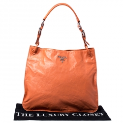 Pre Owned Prada Orange Crinkled Leather Hobo Bag