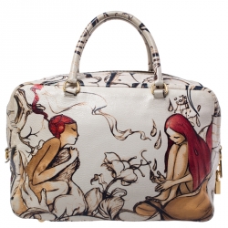 Pre Owned Prada Beige Astro Cervo Lux Leather Limited Edition Print Fairy Bag