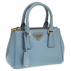 Pre Owned Prada Baby Blue Saffiano Lux Leather Mini Double Zip Tote