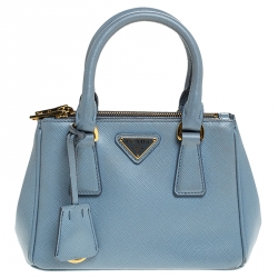 Pre Owned Prada Baby Blue Saffiano Lux Leather Mini Double Zip Tote