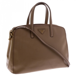 Pre Owned Prada Beige Saffiano Patent Leather Double Zip Spazzolato Tote 