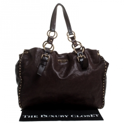 Pre Owned Prada Brown Nappa Leather Studded Antik Tote 