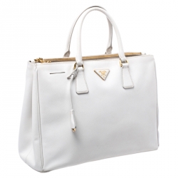 Pre Owned Prada Off White Saffiano Lux Leather Large Double Zip Tote