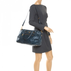 Pre Owned Prada Teal Vitello Daino Leather Front Zip Tote