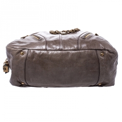 Pre Owned Prada Olive Green Leather Front Zip Boston Bag